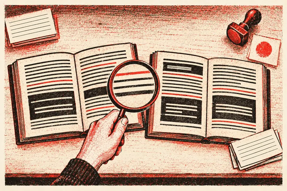 A hand holds a magnifying glass between two open reference books, next to a red rubber stamp and a stamped index card.
